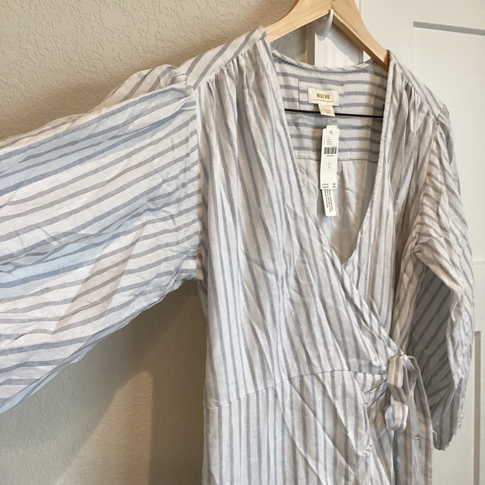 Anthropologie Maeve Tiered Linen Asymmetrical Wrap Dress NEW Large Grey Stripe - Picture 7 of 15
